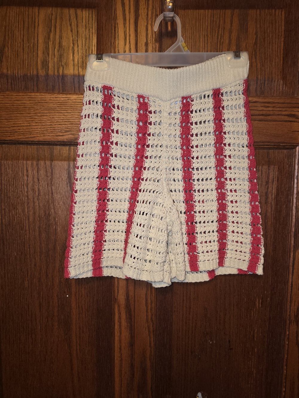 Zara Cream Crochet Bike Shorts with Red Stripes